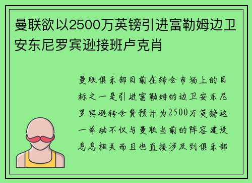 曼联欲以2500万英镑引进富勒姆边卫安东尼罗宾逊接班卢克肖
