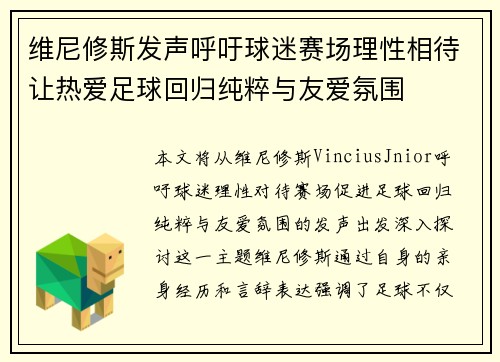 维尼修斯发声呼吁球迷赛场理性相待让热爱足球回归纯粹与友爱氛围 维尼修斯发声呼吁球迷赛场理性相待让热爱足球回归纯粹与友爱氛围